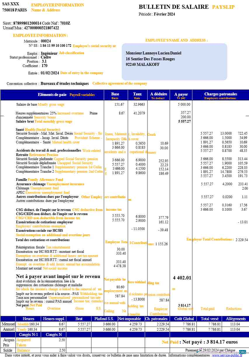 Download France payslip (in French language) template in Word and PDF formats.pdf, 1 Photoshop template
